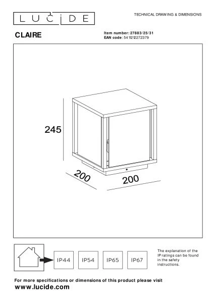 Lucide CLAIRE - Borne extérieur - 1xE27 - IP54 - Blanc - technique